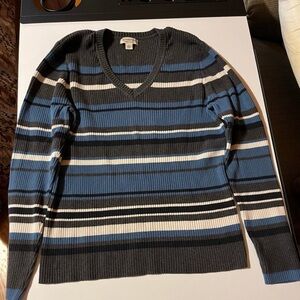 Knitted Top Woman Sweater Stripped Ivory Blue Black & Gray by St John’s Bay